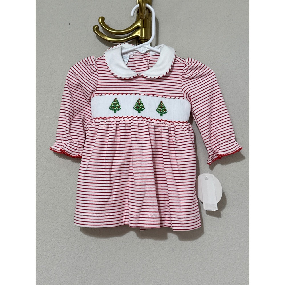 Edgehill Collection Smocked Dress Baby Girl 3M Red White Christmas Tree Holiday